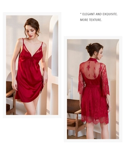 Detail of red silk slip dress and sheer lace robe two-piece set with satin finish