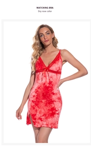 Close-up of dry rose tie-dye nightdress featuring red lace trim and bow detail