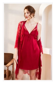 Detailed red lace robe and silk slip dress set featuring eyelash lace edges
