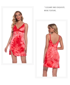 Exquisite red tie-dye sleepwear featuring delicate lace trim and v-neck bow detail