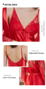 Detail view of red silk lace pajamas with V-neck, adjustable straps and waist tie design