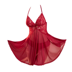 Sexy red lace lingerie set with halter neck chemise and matching panties on white background