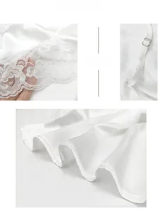 Detail view of white satin sleepwear with floral lace trim and adjustable metal buckles