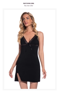 Close-up of black modal nightgown featuring lace V-neck and delicate ribbon bow detail