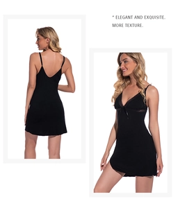Detailed view of the elegant black modal nightgown featuring delicate lace trim and a V-neck