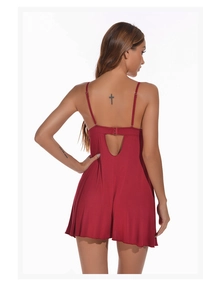 Macro view of dark red modal nightdress featuring heart-shaped back cutout and buttons