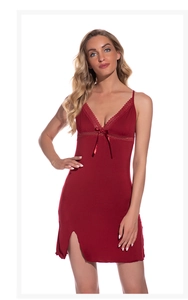 Detailed view of the dark red modal nightgown featuring lace trim V-neck and small bow