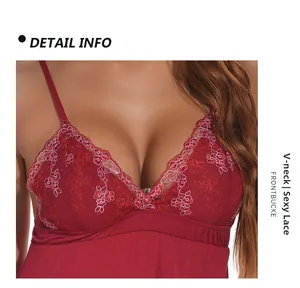 Detail of red lace V-neck nightgown with floral embroidery and front buckle closure