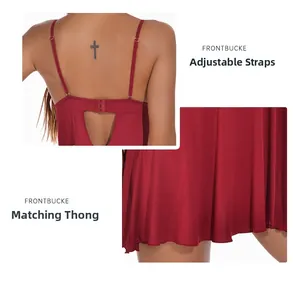 Detailed back view of burgundy lace nightdress with adjustable straps and matching G-string