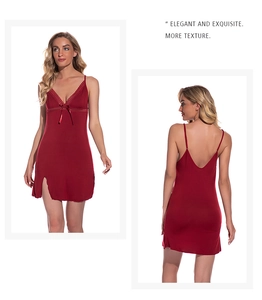 Front and back view of sexy wine red knit cotton nightgown with lace V-neck and bow detail