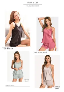 Ensemble pyjama en satin de soie avec dentelle pour femme en noir, rose, vert et champagne