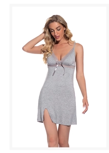 Detail of gray modal nightgown with V-neck lace trim and delicate silk bow accent