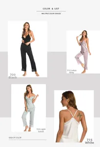 Lace-trimmed satin pajama set featuring camisole and pants in four elegant colors