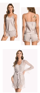 Vues détaillées de l'ensemble de nuit 3 pièces gris clair avec dentelle et peignoir