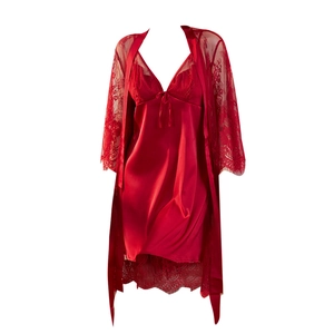 Two-piece red satin nightgown and lace robe set with eyelash lace trim for women