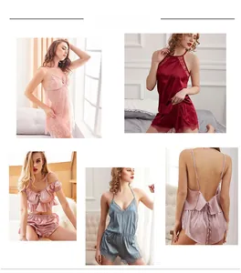 Lace chemise and satin robe sets in pink, burgundy and blue for elegant women