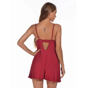 Elegant deep red modal nightgown with an open back design and delicate lace trim