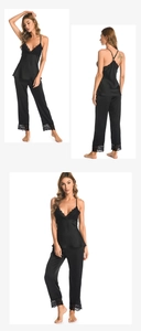 Two-piece black silk satin loungewear set with delicate eyelash lace trim detail