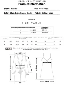 Size chart for lace satin lingerie set with robe and nightgown measurements in M and L