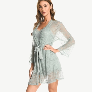 Ensemble de Pyjama 3 Pièces pour Femmes Robe en Dentelle Caraco en Satin et Short Lingerie Transparente Élégante