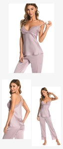 Detailed view of lavender silk pajama set with lace trim on the V-neck and pant cuffs