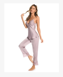 Lace trim detail on satin camisole and pants pajama set in soft lilac silk finish