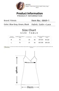 Detailed size guide for lace satin sleepwear with chest and length specs in CM