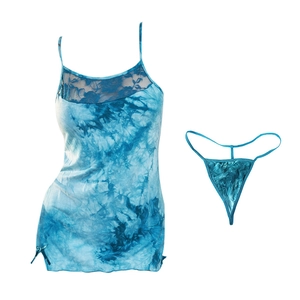 Completo intimo tie-dye con pizzo blu e perizoma coordinato per donna