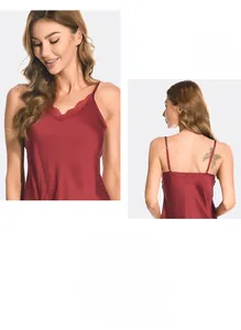 Close-up of red satin sleepwear with delicate lace V-neckline and slender straps