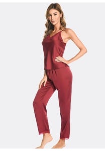 Lace trim details on burgundy satin pajama set for women, showing high-quality silk texture