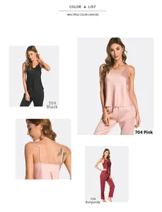 Detail showing silk satin camisole set with lace trim in black, pink, and red colors