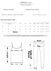Detailed size chart for women silk satin camisole and trousers sleepwear set