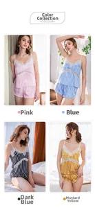 Ensemble pyjama rayé en satin avec dentelle en rose, bleu clair, marine et jaune