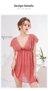 Close-up of pink lace V-neck nightgown set with floral embroidery and mesh details