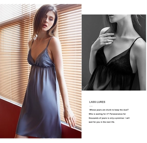 Detailed view of grey-blue silk satin nightgown with elegant V-neck lace patchwork trim