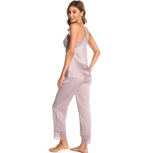 Elegant two-piece lavender silk satin pajama set with delicate lace trim for women