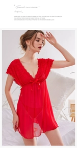 Close-up of a red lace sleepwear featuring a deep V-neckline and delicate floral mesh details