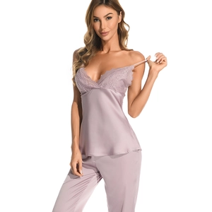 Women's satin pajama set with V-neck lace trim camisole and pants in dusty purple