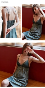 Detailed views of dark green silk satin nightgown with lace V-neck and open back
