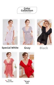 Detailed lace floral patterns and bowknot on deep V-neck sheer mesh nightdress set