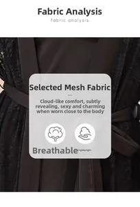 Détail du tissu en dentelle noire transparente et lien en satin avec maille respirante
