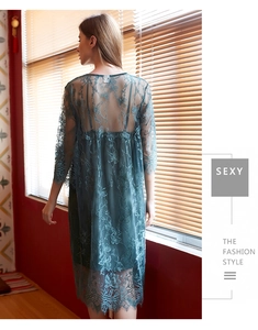 Detail of peacock blue floral lace robe with eyelash lace trim and sheer mesh texture