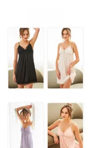 Collage of silk satin chemise nightgowns with lace trim in black, white, purple and pink