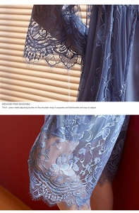 Detail view of misty blue floral lace robe featuring delicate eyelash trim and soft fabric