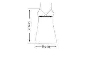 Detailed size chart showing length, underbust and hem measurements for silk slip dress