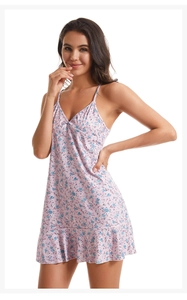 Detailed view of pink floral nightgown with lace trim and delicate ruffled hemline