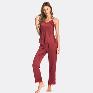 Satin Lace V-Neck Cami Top And Long Pants Women Sleepwear Top And Bottom Elegant Silky Loungewear Home Wear Set For Ladies