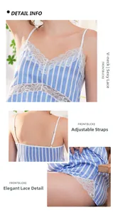 Détail du col en V en dentelle et bretelles réglables sur pyjama en satin rayé