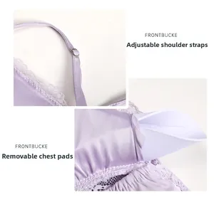 Detail view of adjustable straps and removable pads on purple silk satin sleepwear lingerie