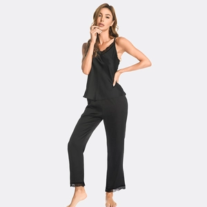 Women's black faux silk sleepwear set with V-neck camisole, lace trim, and matching trousers